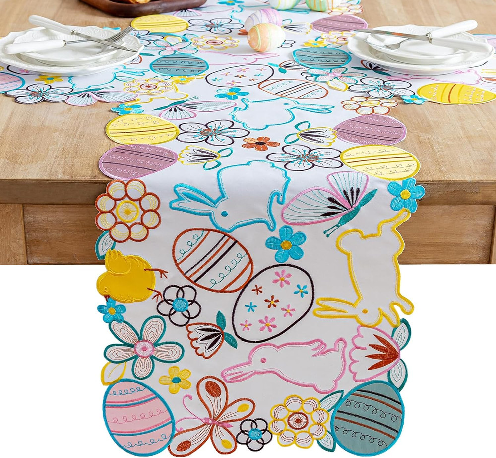 Easter Bunny Eggs Table Runner, Spring Flowers Butterfly Table Runners, Cutwork