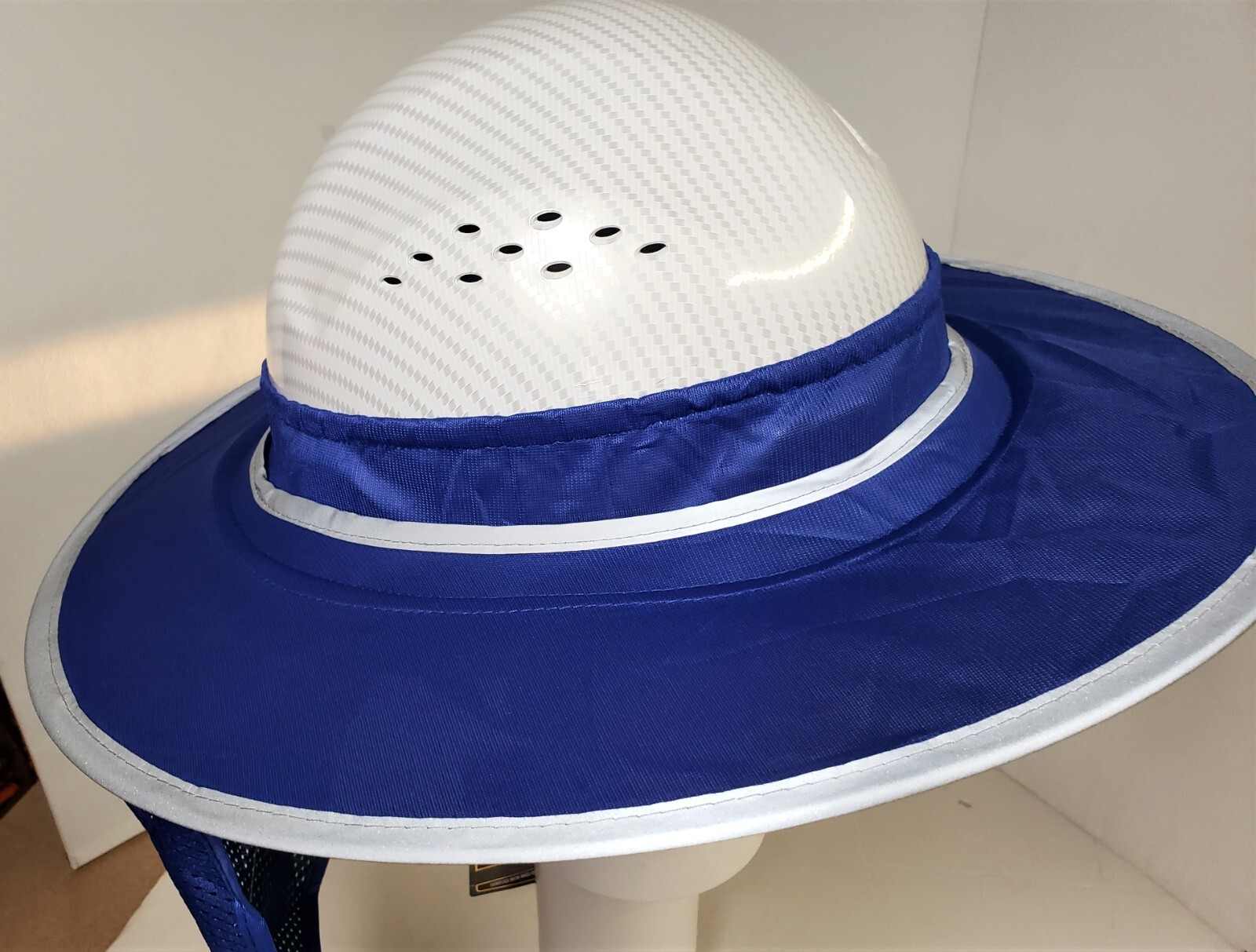 BLUE Hard Hat Sun Shade Visor Full Brim Mesh Neck HI VIS REFLECTIVE STRIPE