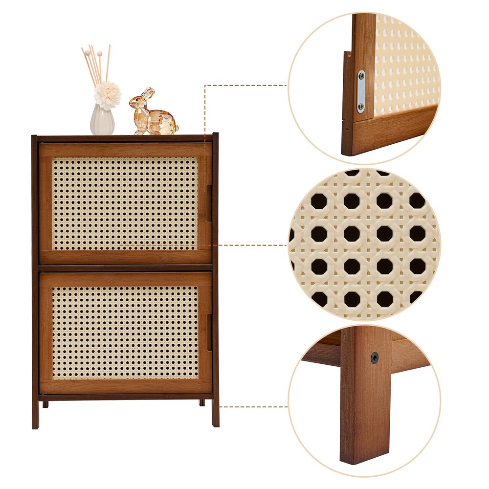 Nightstand With Decor Drawers Rattan Pattern End Table - Bamboo Sofa Side Table