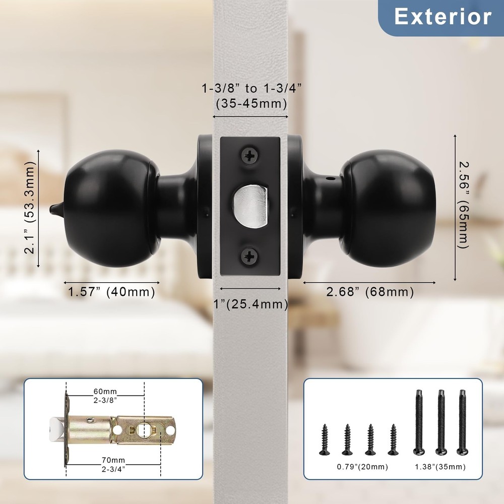 Knobonly 1 Pack Privacy Door Knobs Matte Black, Keyless Door Knobs Interior f...