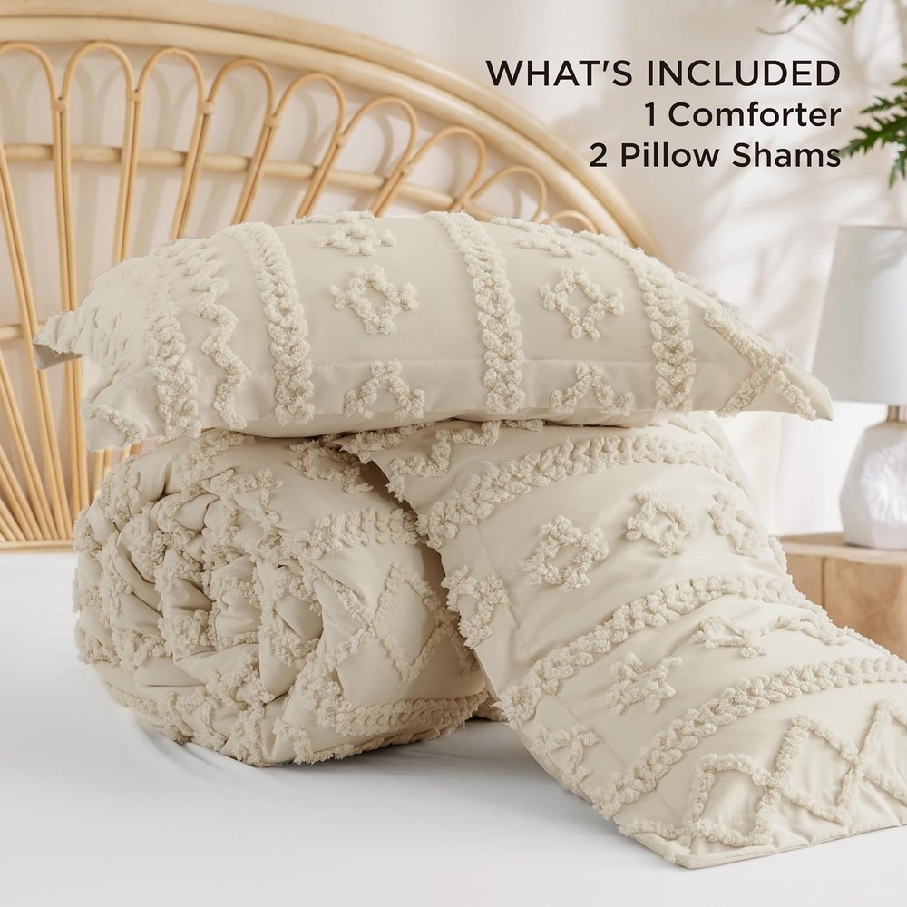 Tufted Boho Comforter Set King Size Beige Boho Bed Set GentleSoft™ 3 Pieces