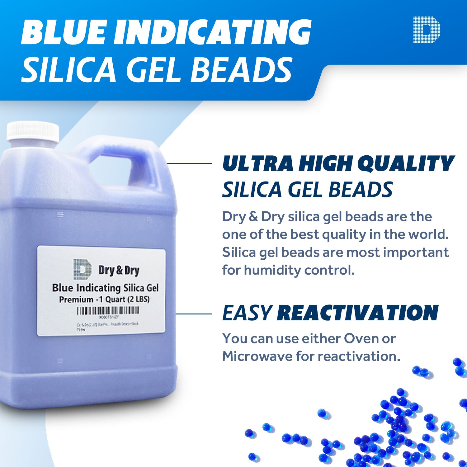 1 Quart Premium Blue Indicating Silica Gel Beads(2 LBS) - Rechargeable