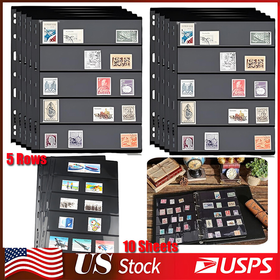 10 Sheets 5 Rows Stamp Collection Album Pages with Standard 9 Holes Binder