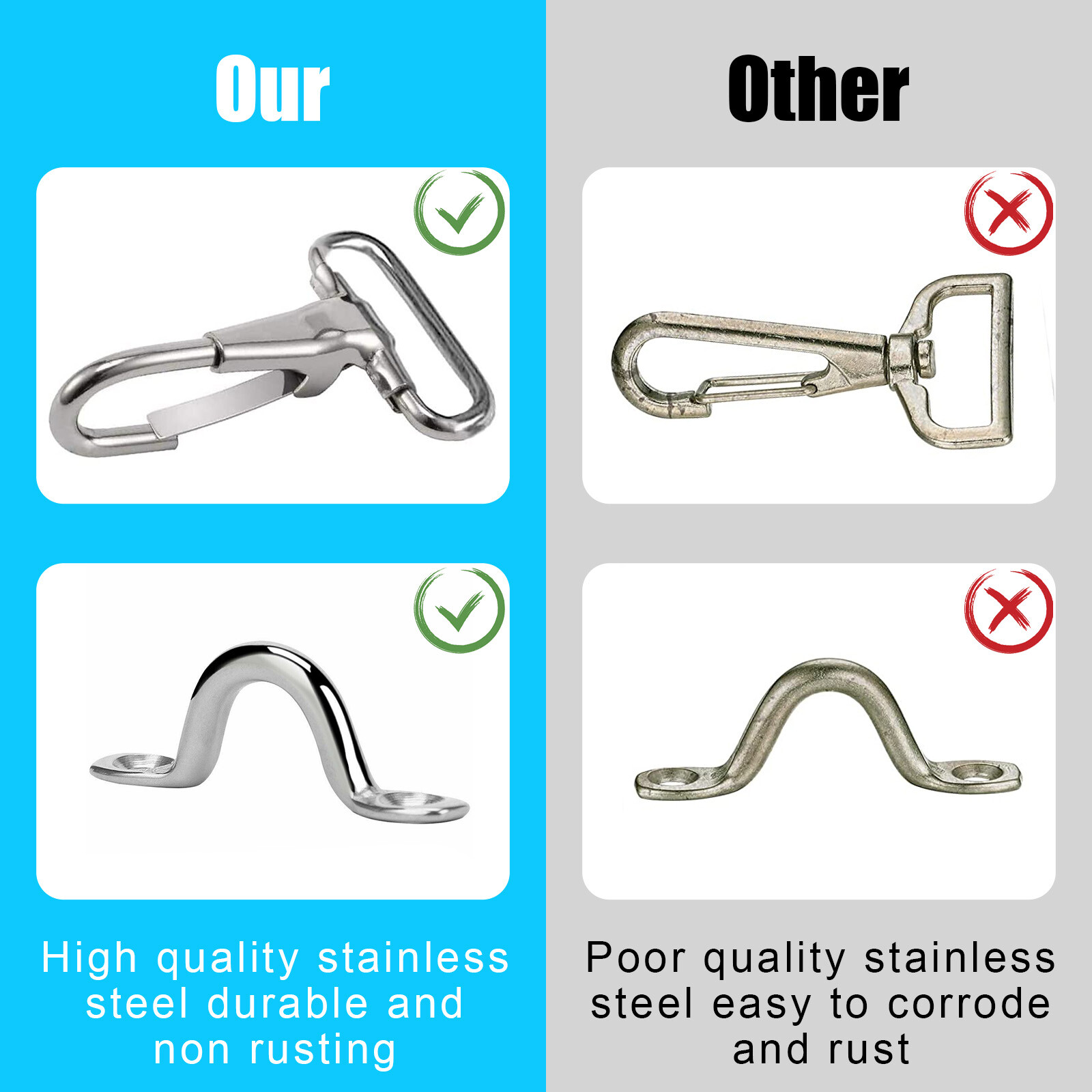 2x Adjustable Bimini Boat Top Straps Loops & Snap Hook Stainless Steel 24 To 43"