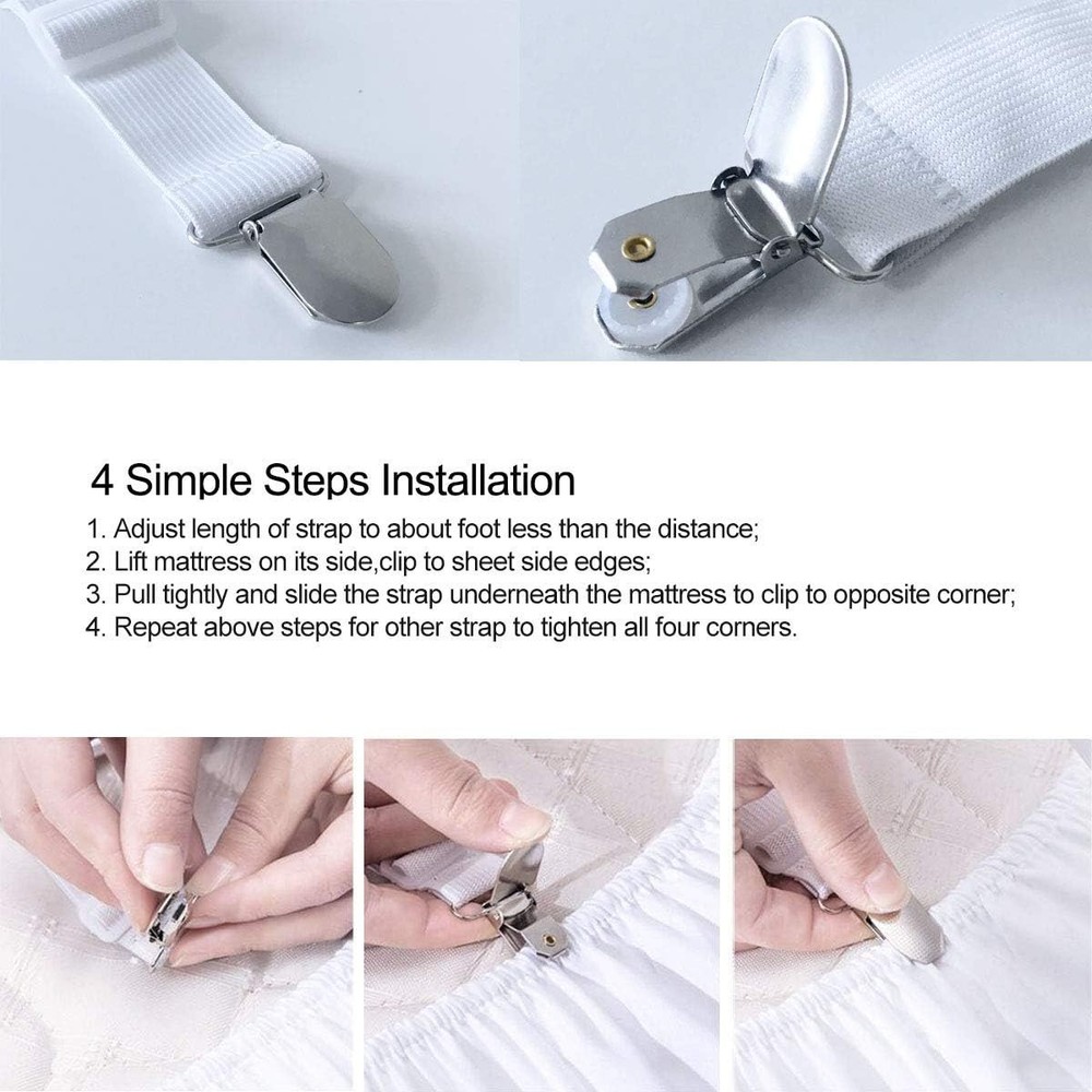 Adjustable Bed Sheet Fasteners with Nickel Plated Clips - 2Pcs Set White
