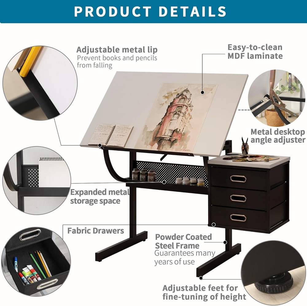 Adjustable Drafting Table with Stool & Storage Art Desk for Drawing Crafting