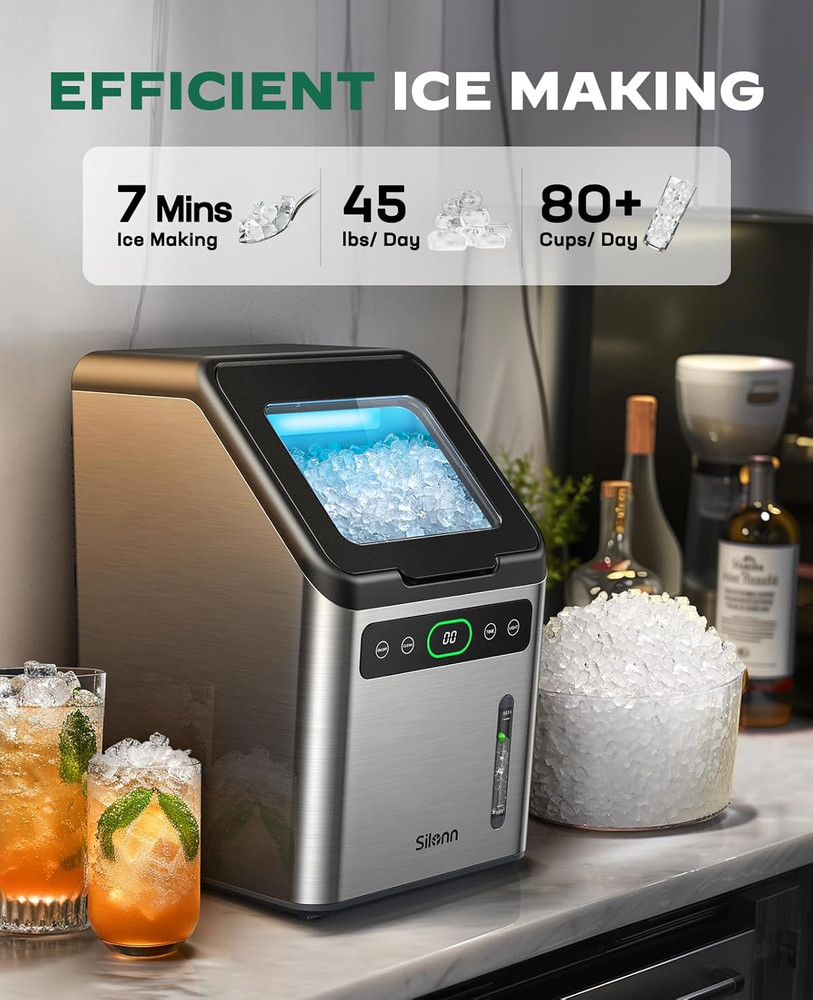 Nugget Ice Maker - Timer Ice Machine with Self-Cleaning, 44Lbs per Day Pebble Ic