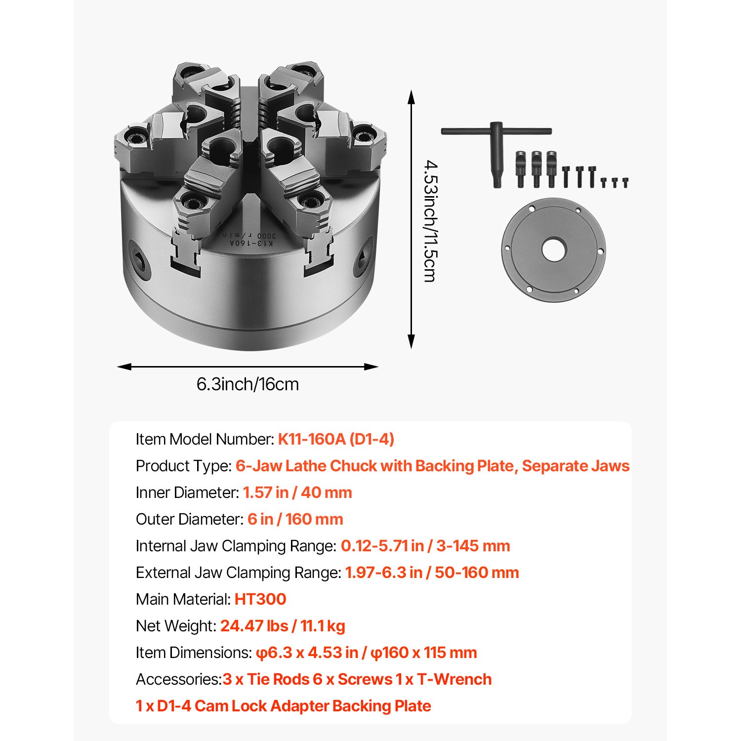 6 Inch 6-Jaw Self-Centering Lathe Chuck with D1-4 Cam Lock Backing Plate