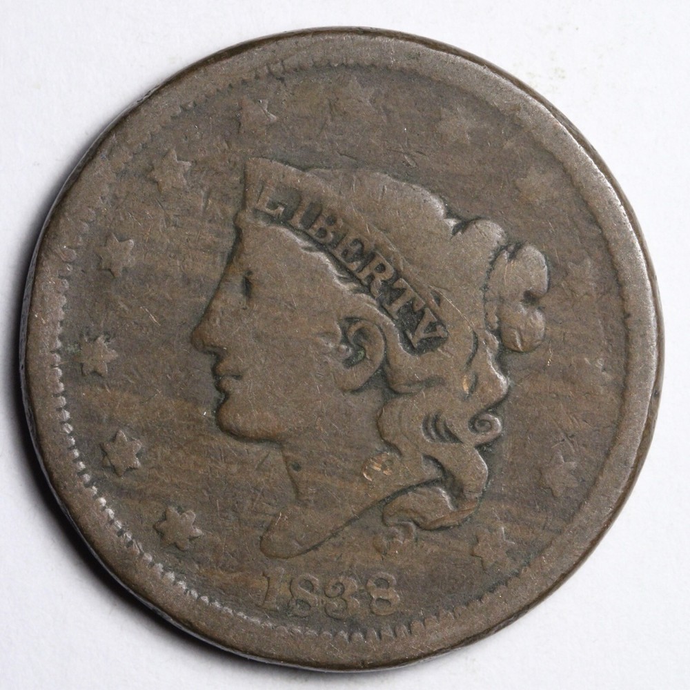 1838 Coronet Head Large Cent CHOICE VG E159 SQCK