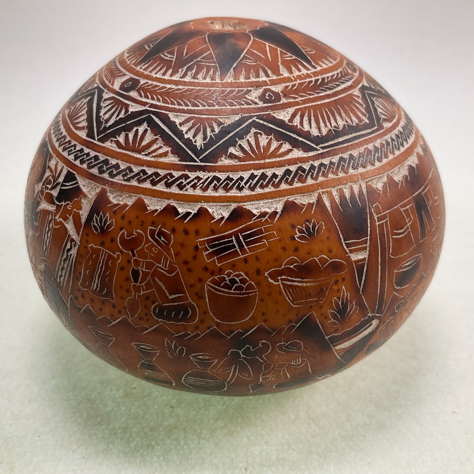 Peruvian Intricate Hand Carved Story Gourd - Musicians - Folk Art
