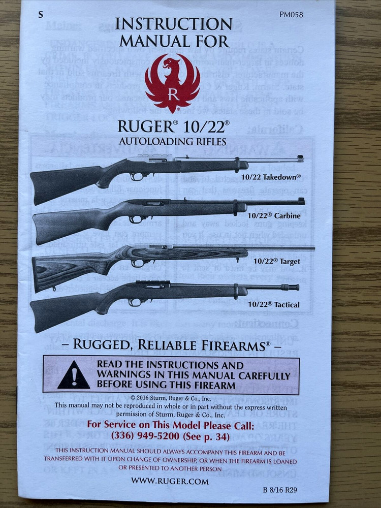 2016 RUGER 10/22 AUTOLOADING RIFLE INSTRUCTION MANUAL