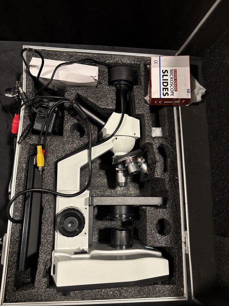 Laboratory Microscope With Slides, Screen, Charger, And Case