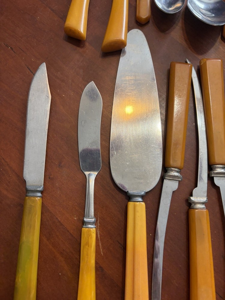 Vtg Butterscotch Handle Bakelite Stainless Flatware Misc. 22 Pc Knives /Spoons