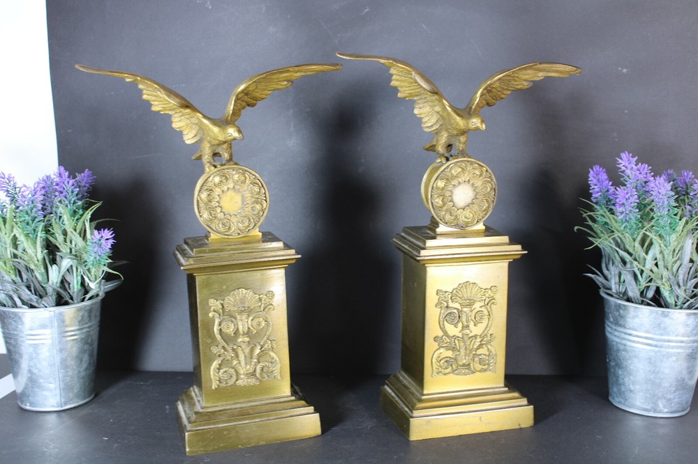 PAIR Antique bronze fireplace andirons eagle empire design