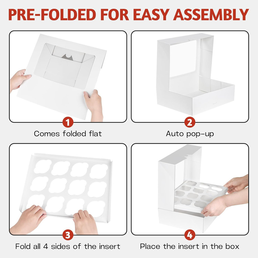 12 Count Cupcake Boxes, 4 Pack Auto-Popup White Cupcake Containers with Window a