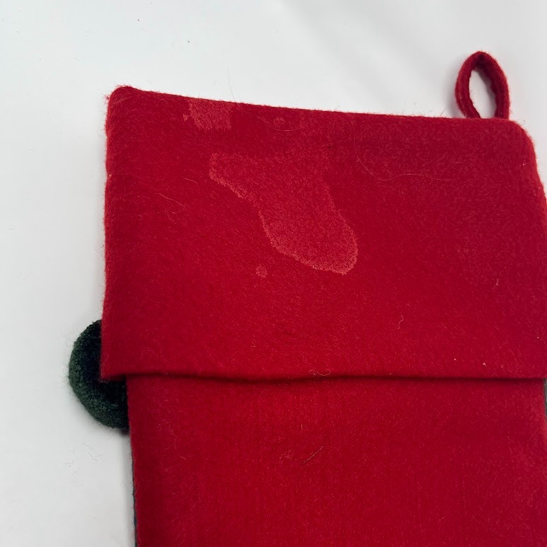 Vintage Red Christmas Stocking Santa Applique Felt Pom Pom Trim Holiday Decor