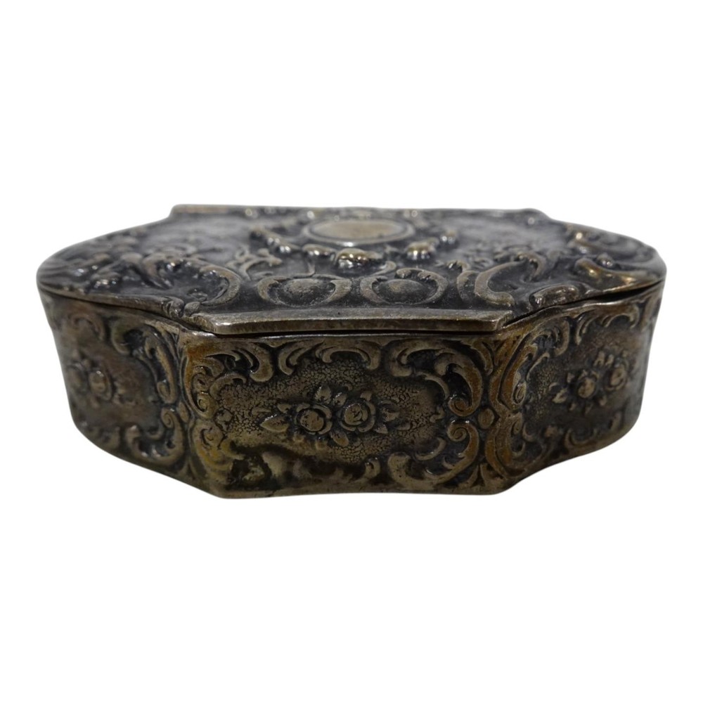 Silverplated Repousse Hinged Lid Snuff Trinket Box w Floral Pattern