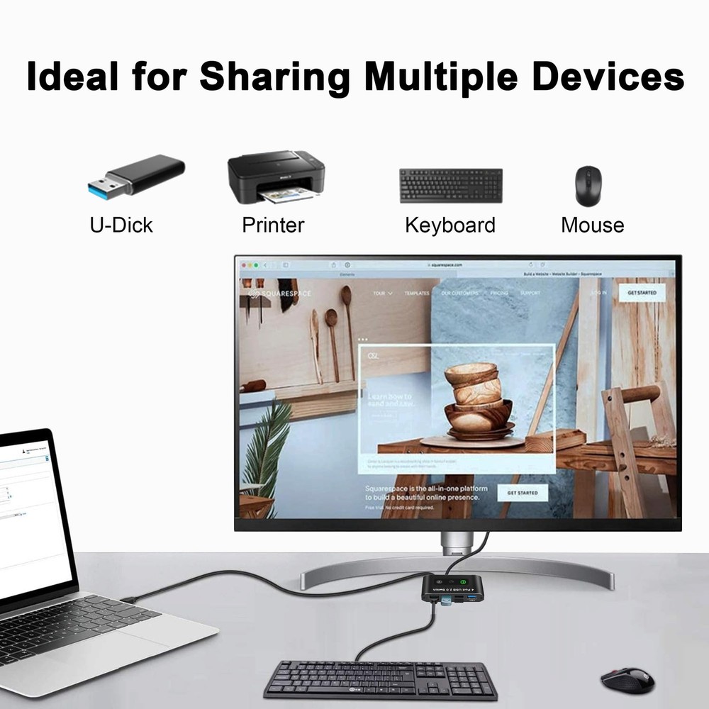 USB 2.0 Switch, 2 Computers Sharing 4 Devices, Switcher for White