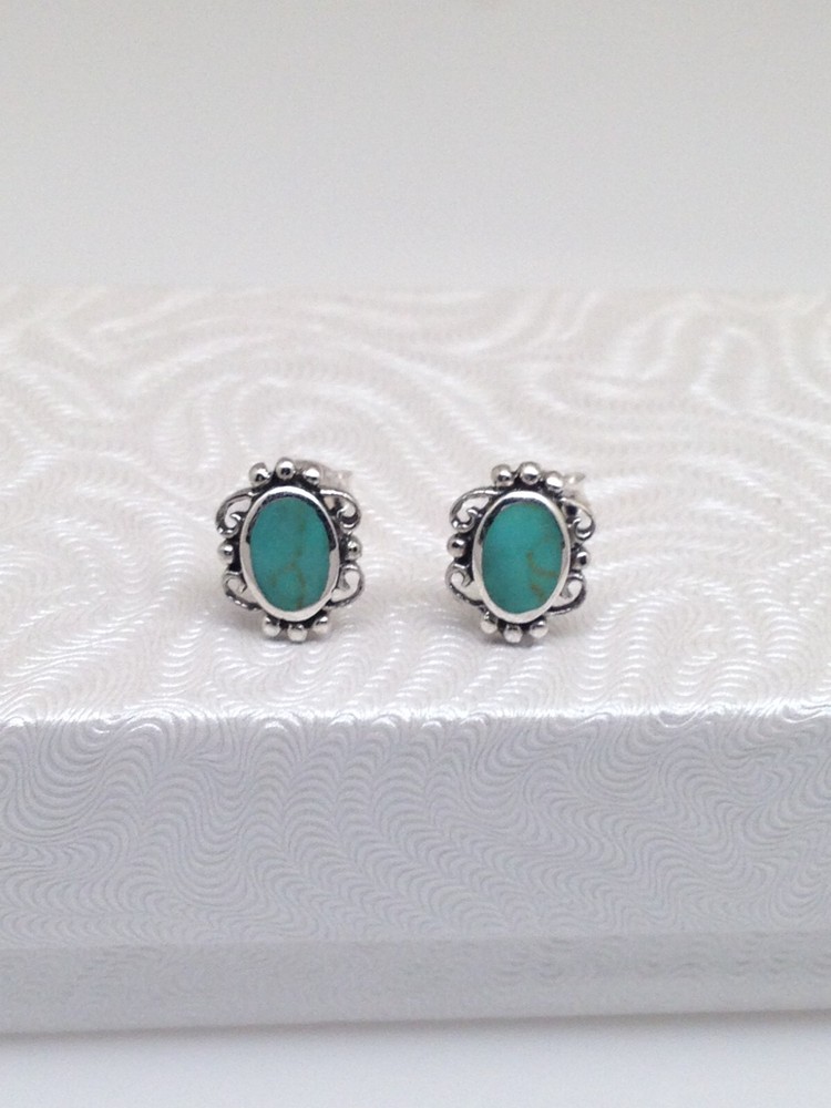 Lace Turquoise Stud Earrings 925 Sterling Silver Oval Post Stud Tiny 9mm(6.5mm)