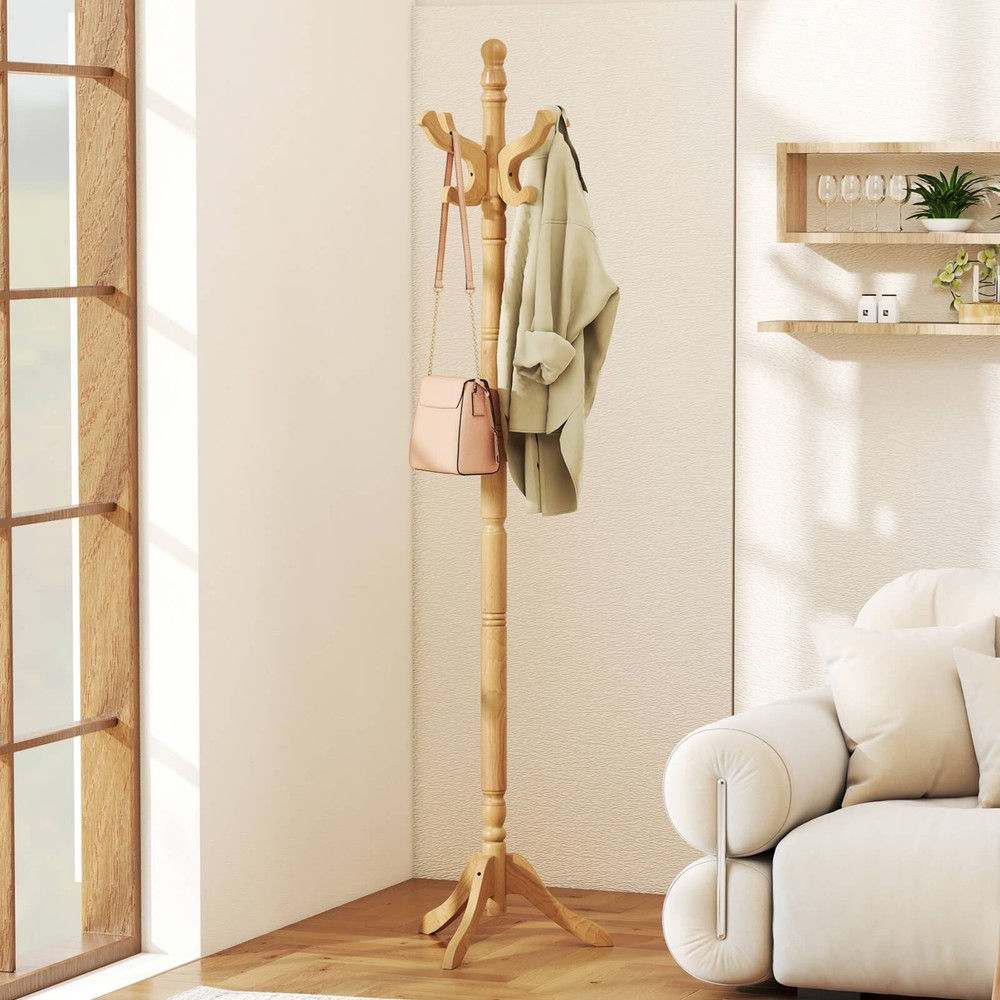 Solid Rubber Wood Coat Rack with 3 Adjustable Heights and 11 Hooks for Hallway