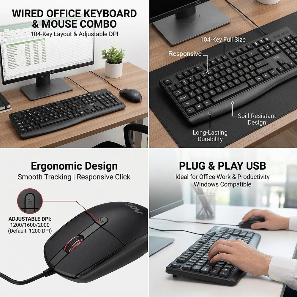AOC Wired Keyboard Mouse Combo USB 104-Keys Office Adjust DPI Mice PC Notebook