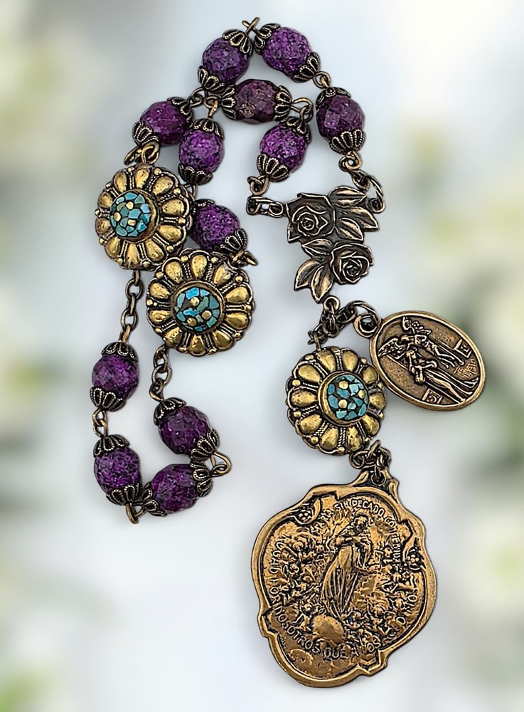 Immaculate Conception Gabriel 15 Beads Heirloom Chaplet | Bronze| Purple Jasper