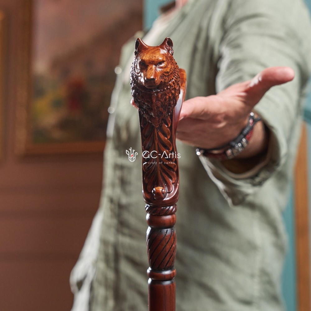 Wolf Cane Wooden Walking Stick, Ergonomic Comfortable Accessory Best Gift Idea