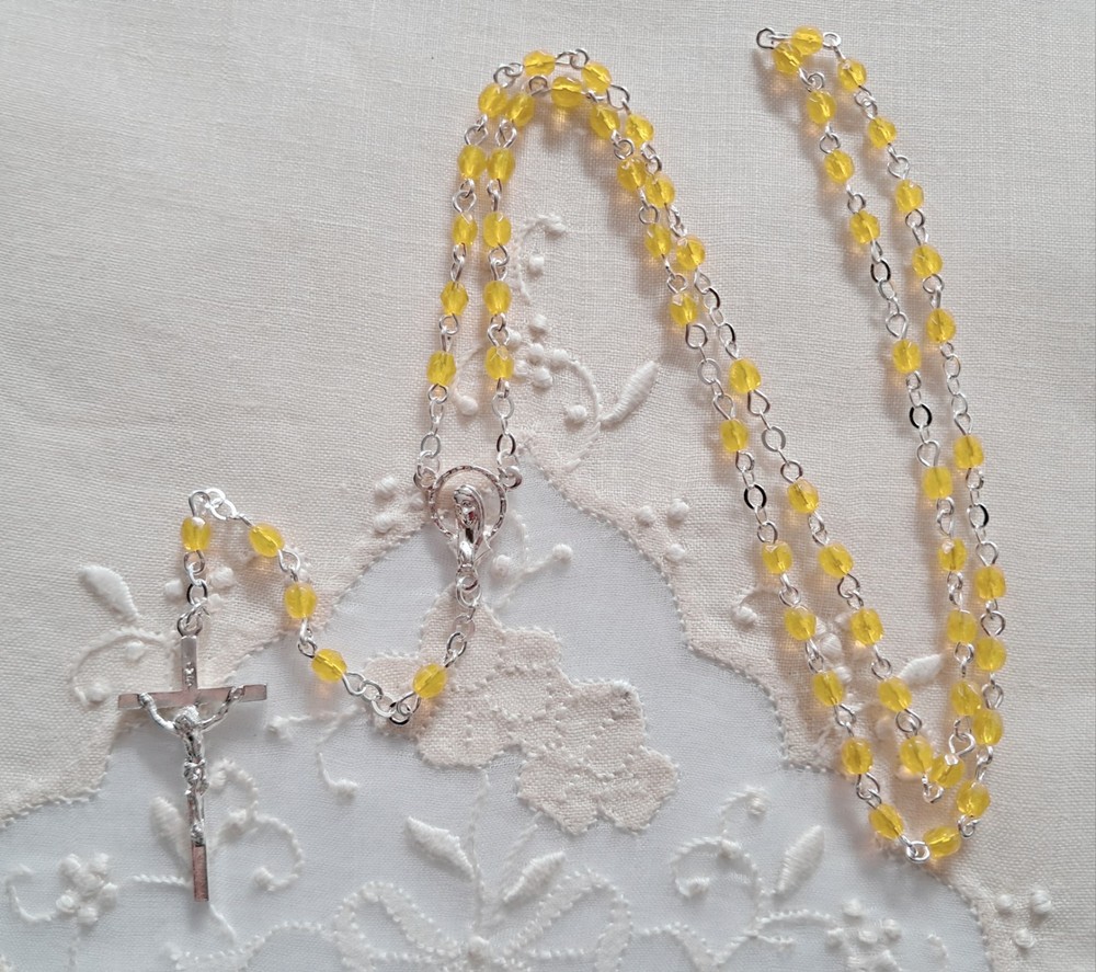 Mini Yellow Opal Czech Glass Rosary in Silver