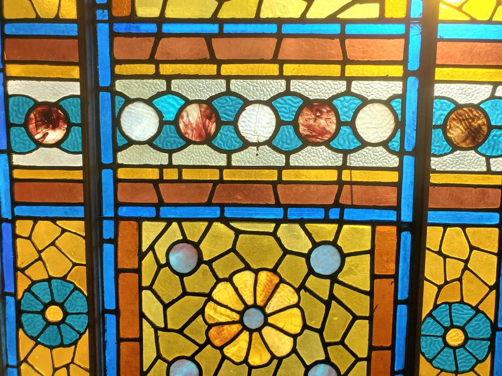LARGE ANTIQUE STAINED GLASS WINDOW 36 BY 57