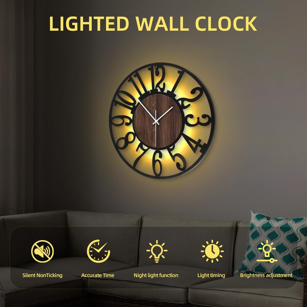LEIKE Large Wall Clock 20'' Lighted Rustic Wood Clock with Remote Timer, Sile...