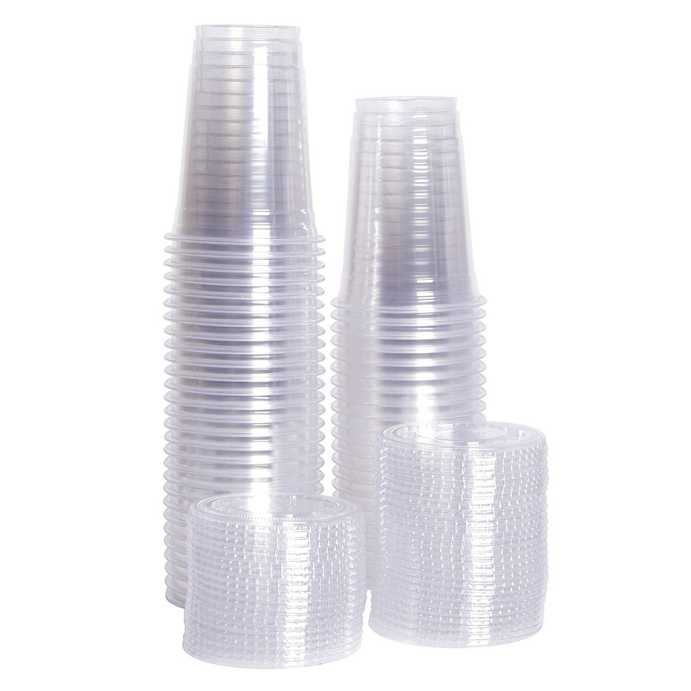 GUSTO Clear Plastic Cups with Flat Lids [10 oz - 100 Count] - Disposable Iced...