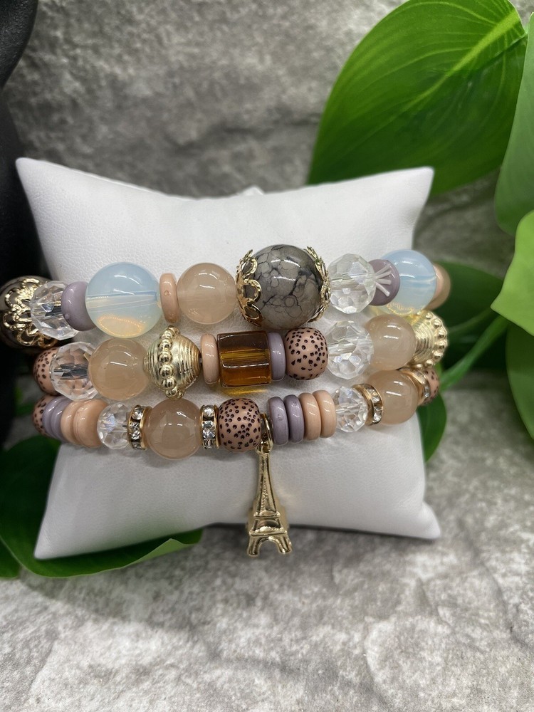 3 PC Handmade Bohemian Beaded Stackable 7” Plus Stretch Bracelet Set New B1687