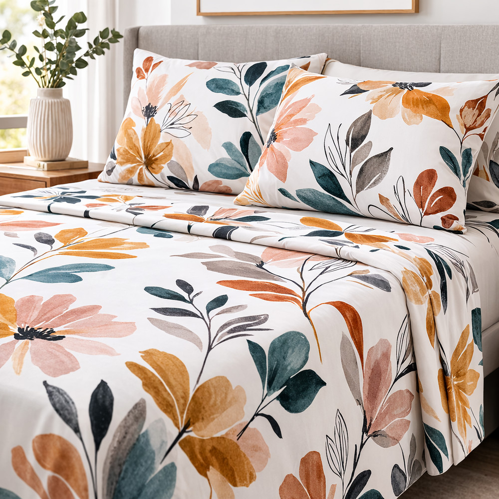 Floral Botanical Bed Sheets Set 4PC Printed Microfiber Deep Pocket Bedding Sets