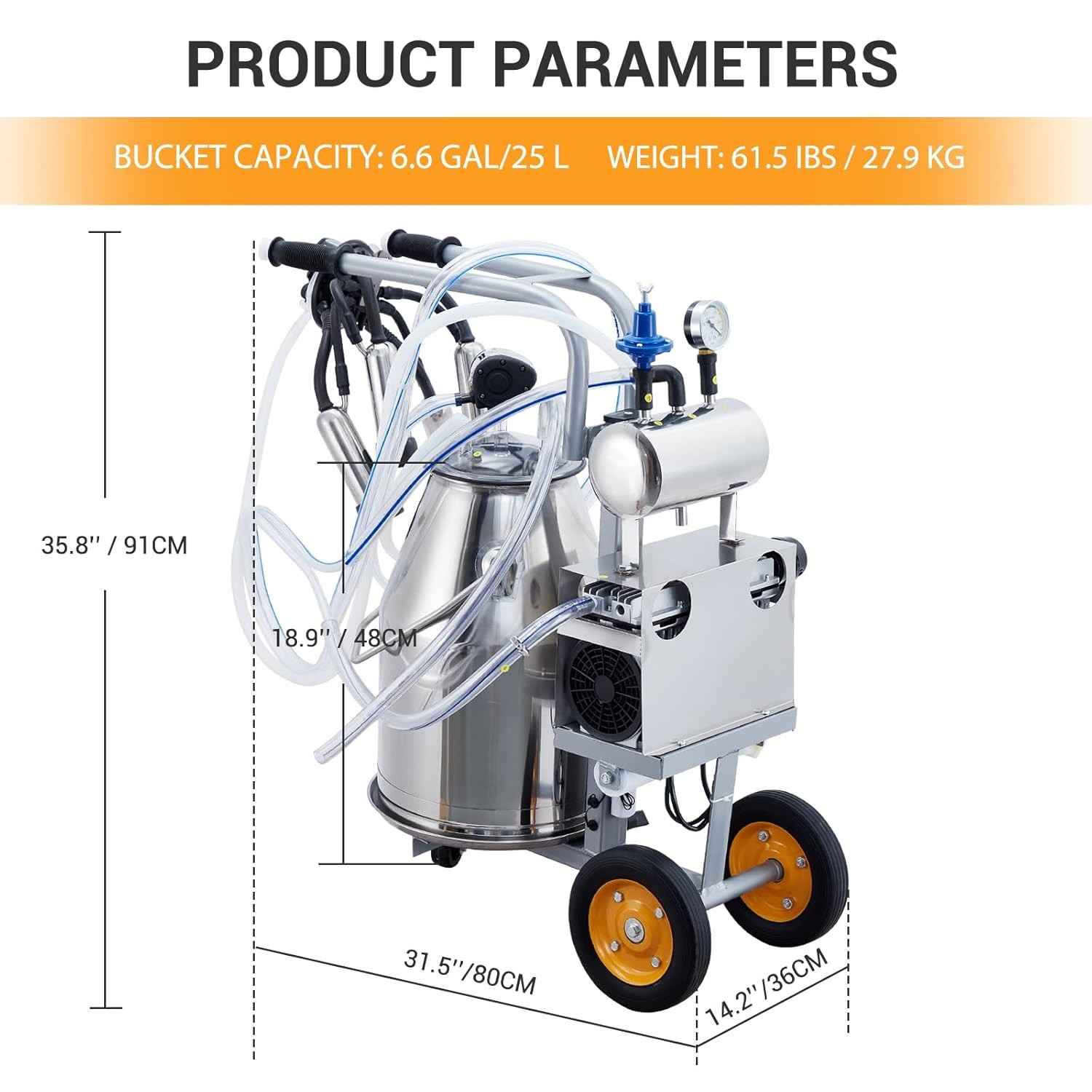 25L Electric Cow Milking Machine Milking Equipment 304 Stainless Steel Bucket US