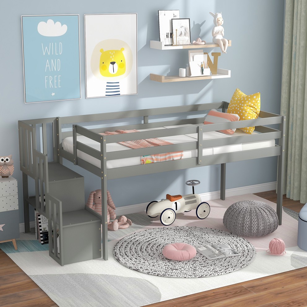Loft Bed with Staircase Gray Twin Bed Frames
