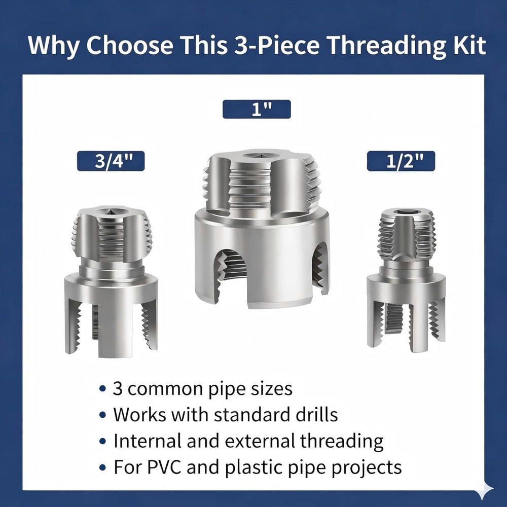 PVC Pipe Threader Set (1/2", 3/4", 1"), Pipe Threading Tool Attachment for Drill