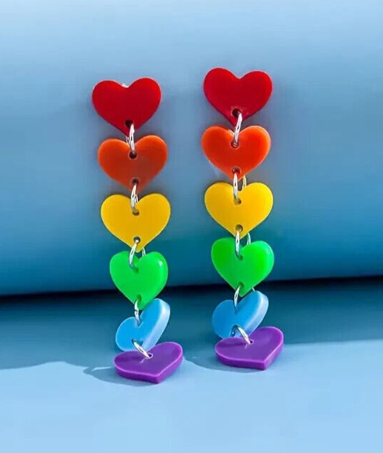 2.5” Silver-tone Earring Set Rainbow Heart Drop Dangle New Free Ship B2058