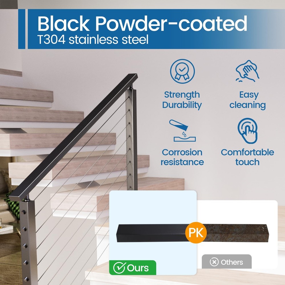6'6"Black Cable Railing Handrail Rectangular Stainless Steel for System Top Deck