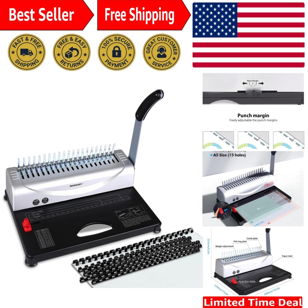 Heavy-Duty Comb Binding Machine for A4, A5, Letter Size - 450 Sheet Capacity