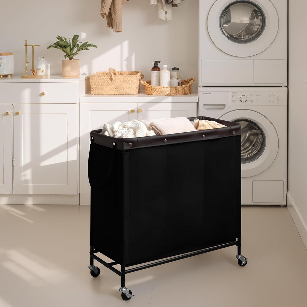 3 Section Laundry Hamper Rolling Laundry Cart W/ Wheels & Handles Laundry Room
