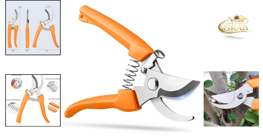 Orange Garden Shears Sharp Stainless Steel 6.9" Pruning Scissors