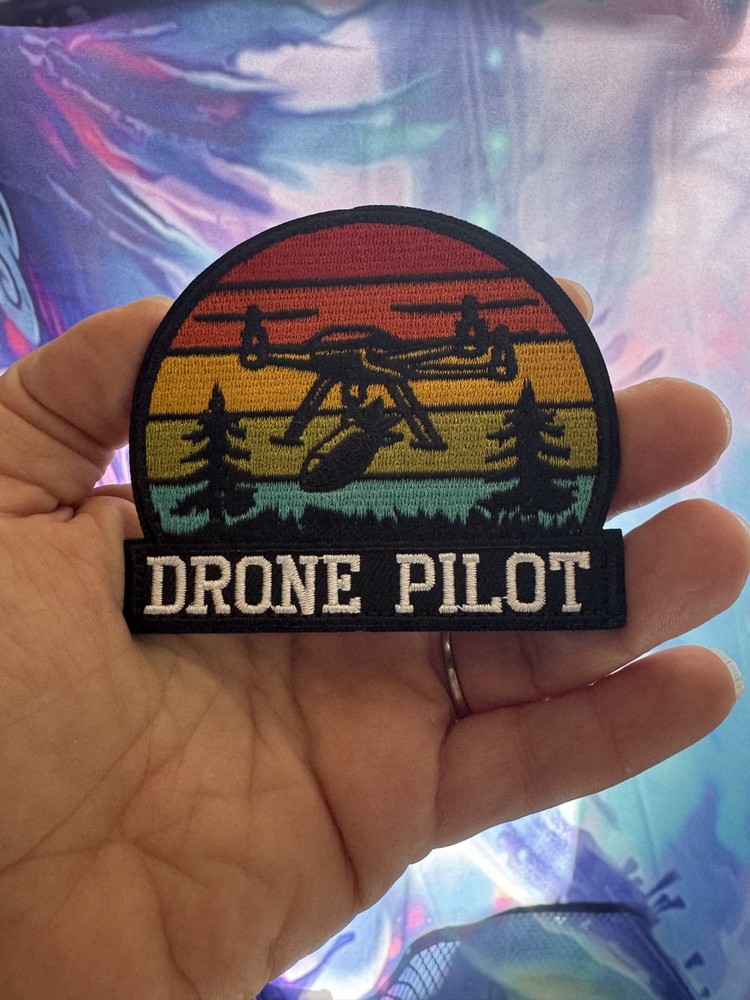 Drone Pilot Patch – Retro Sunset Forest Design Embroidered Tactical Hook & Loop