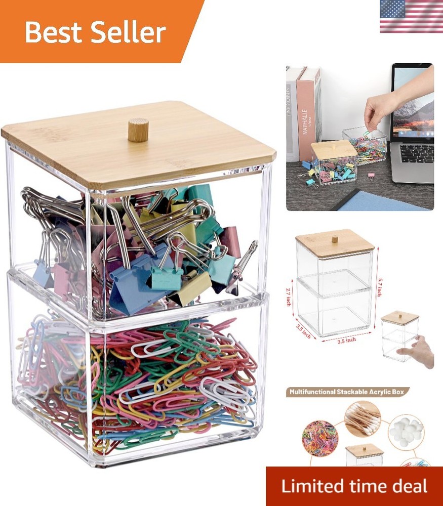 Compact Stackable Paper Clip Box with Natural Bamboo Lid - Office Essential