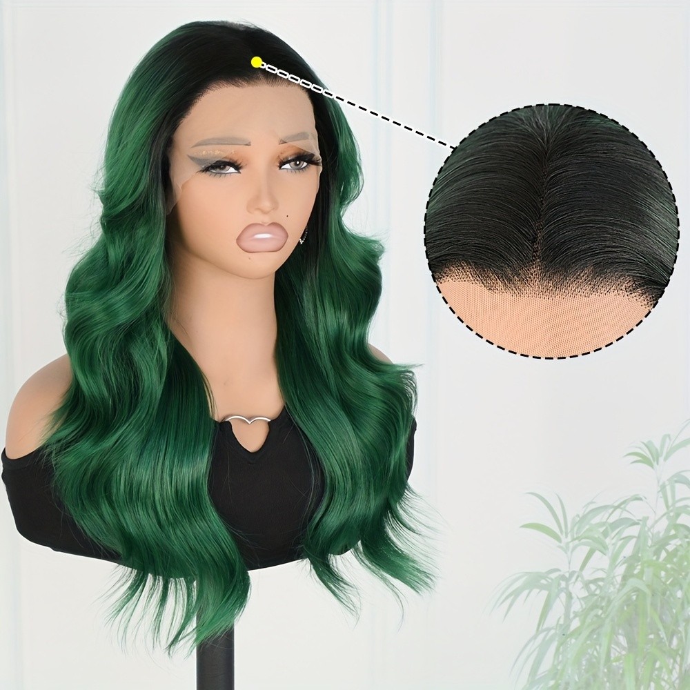 Dark Roots Ombre Green Color Wavy Synthetic Lace Front Wigs Pre Plucked Hairline