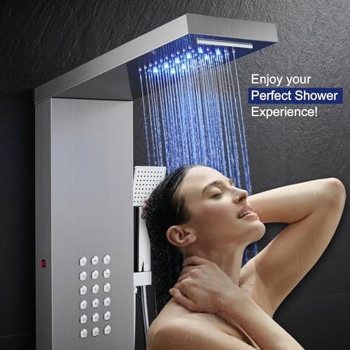 LED Shower Panel Tower System, Rainfall Waterfall 5 Modes-Brushed-2 Jets