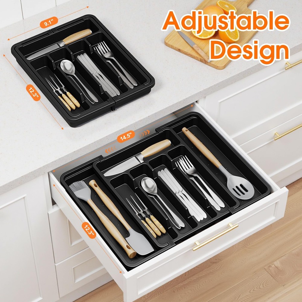 SpaceHacks Silverware Organizer，Adjustable & Expandable Utensil Medium, Black