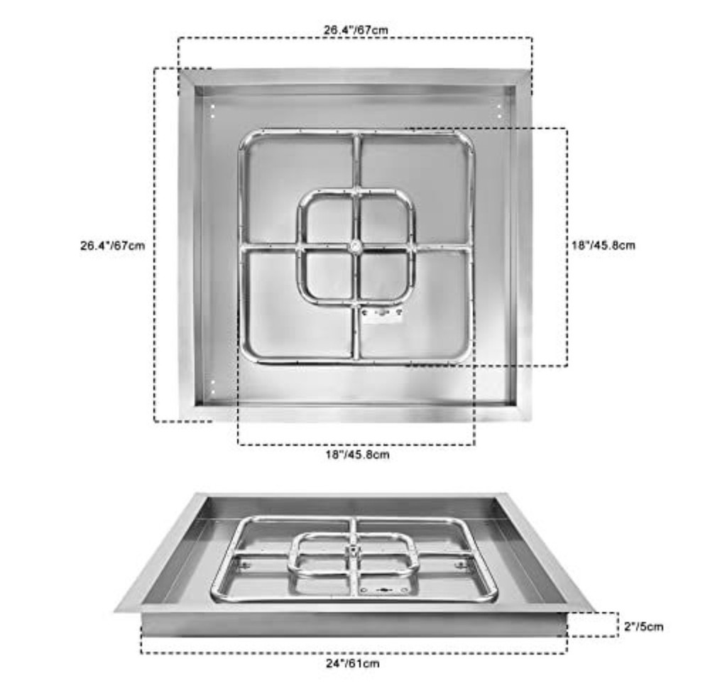 Onlyfire Square Stainless Steel Drop-in Fire Pit Burner Ring & Pan Assembly 24"
