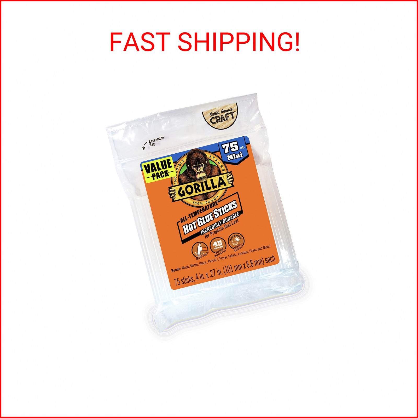 Gorilla Hot Glue Sticks, Clear Glue, Mini Size 4" Long x 0.27" Diameter, 75 Coun