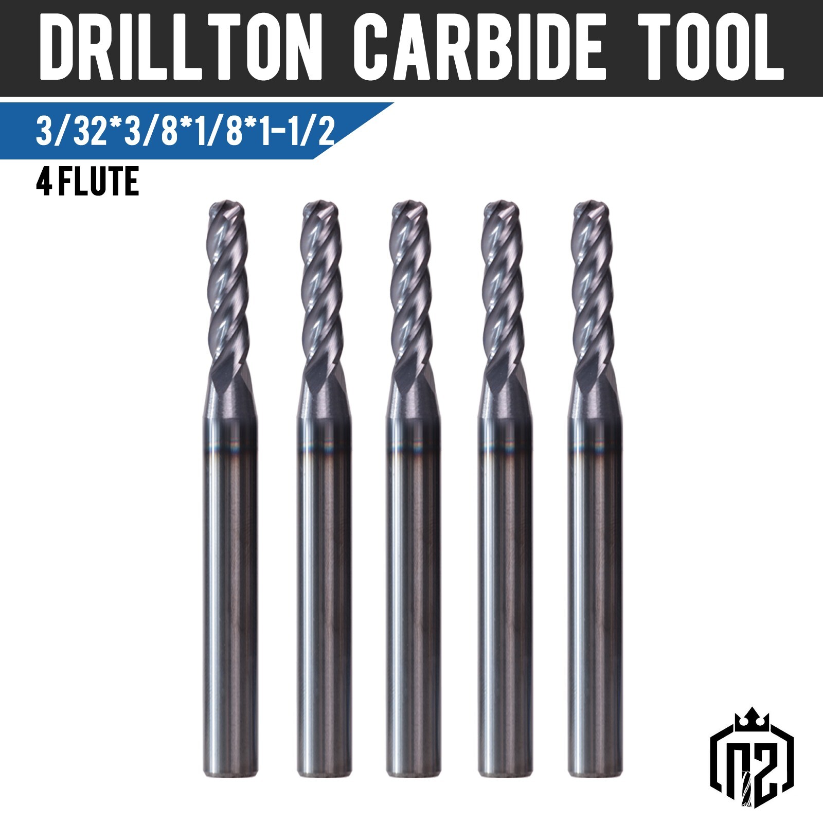 5 PCS 3/32" 4 Flute 1-1/2" Overall Ball Nose Carbide End Mill AlTiN Coated