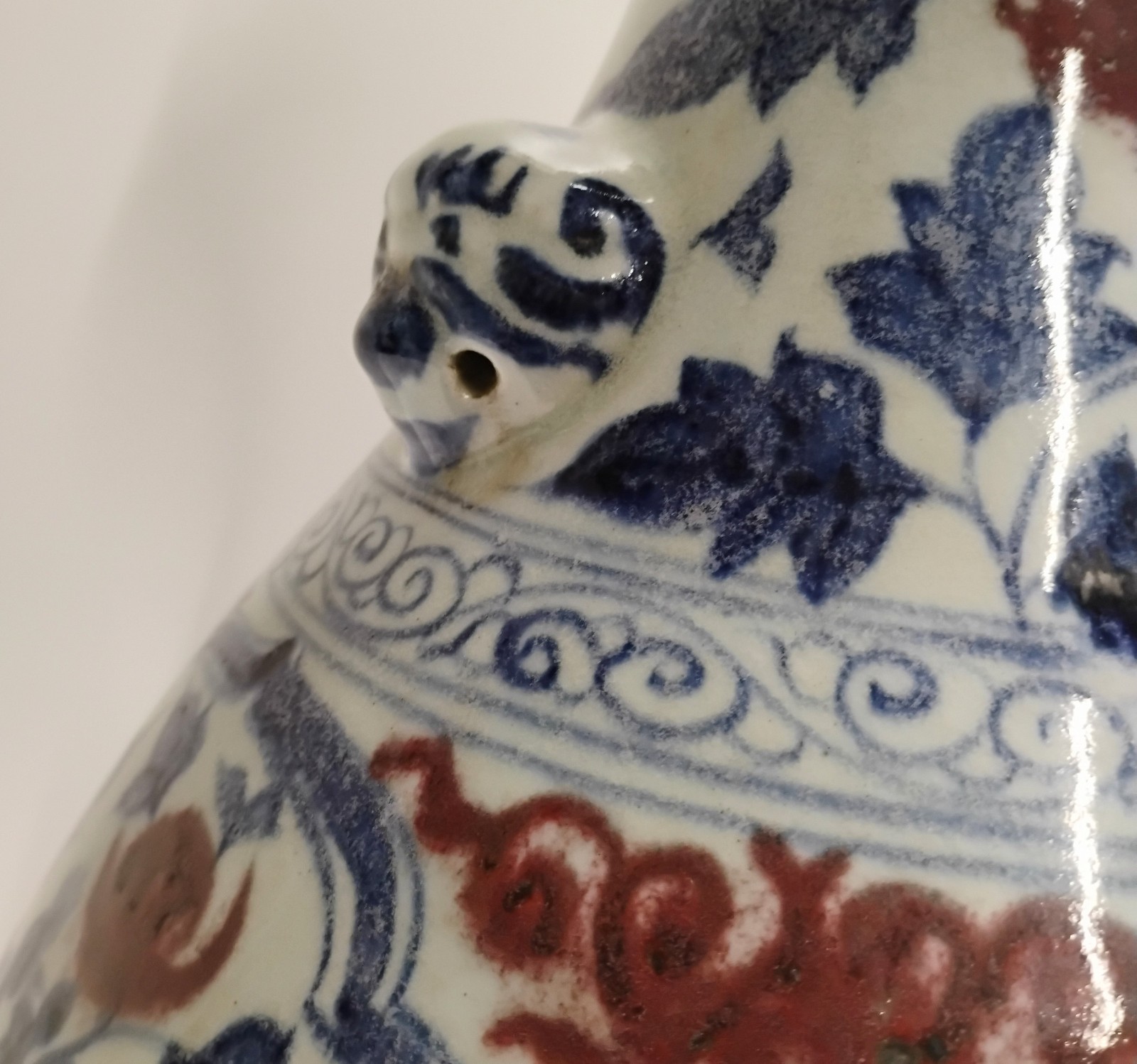 PAIR 20th Century Chinese Blue Copper Red & White Hand Painted Garlic Vase 20"